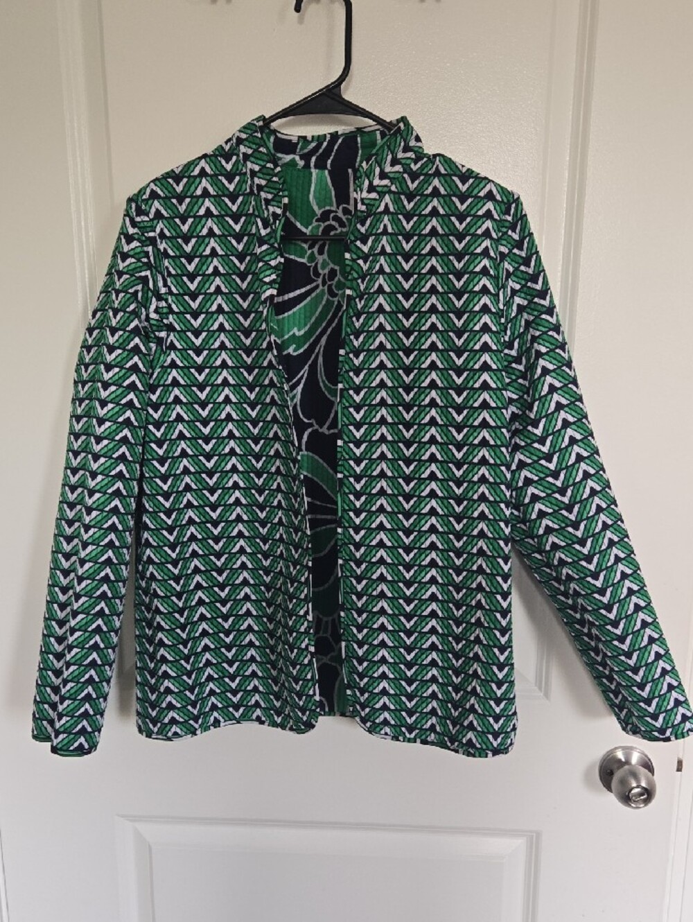 Alfred Dunner Reversible Quilted Floral & Geometric Jacket - Green & Navy